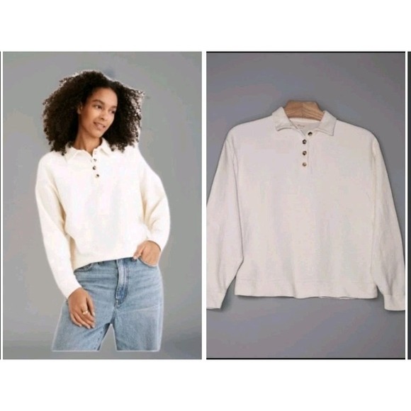 Madewell Tops - MADEWELL Womens Polo Shirt S Cream Collared Long Sleeve Cotton Ottoman Jacquard